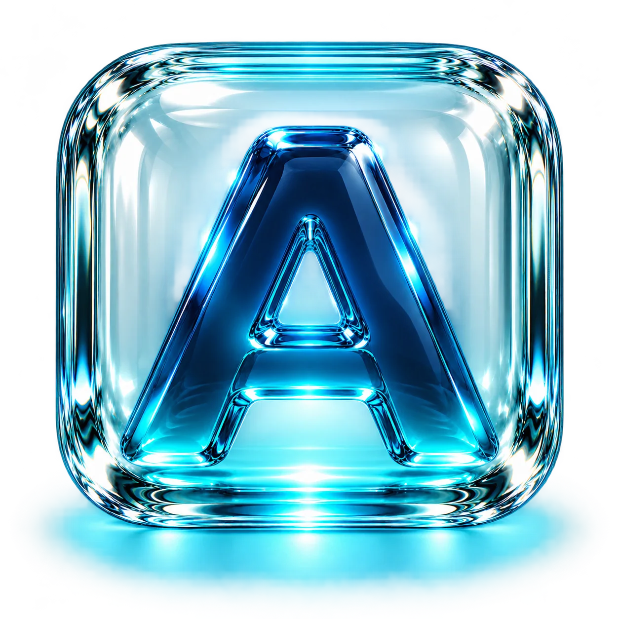Logo de AGO: una A azul dentro de un bloque de vidrio con luz cian