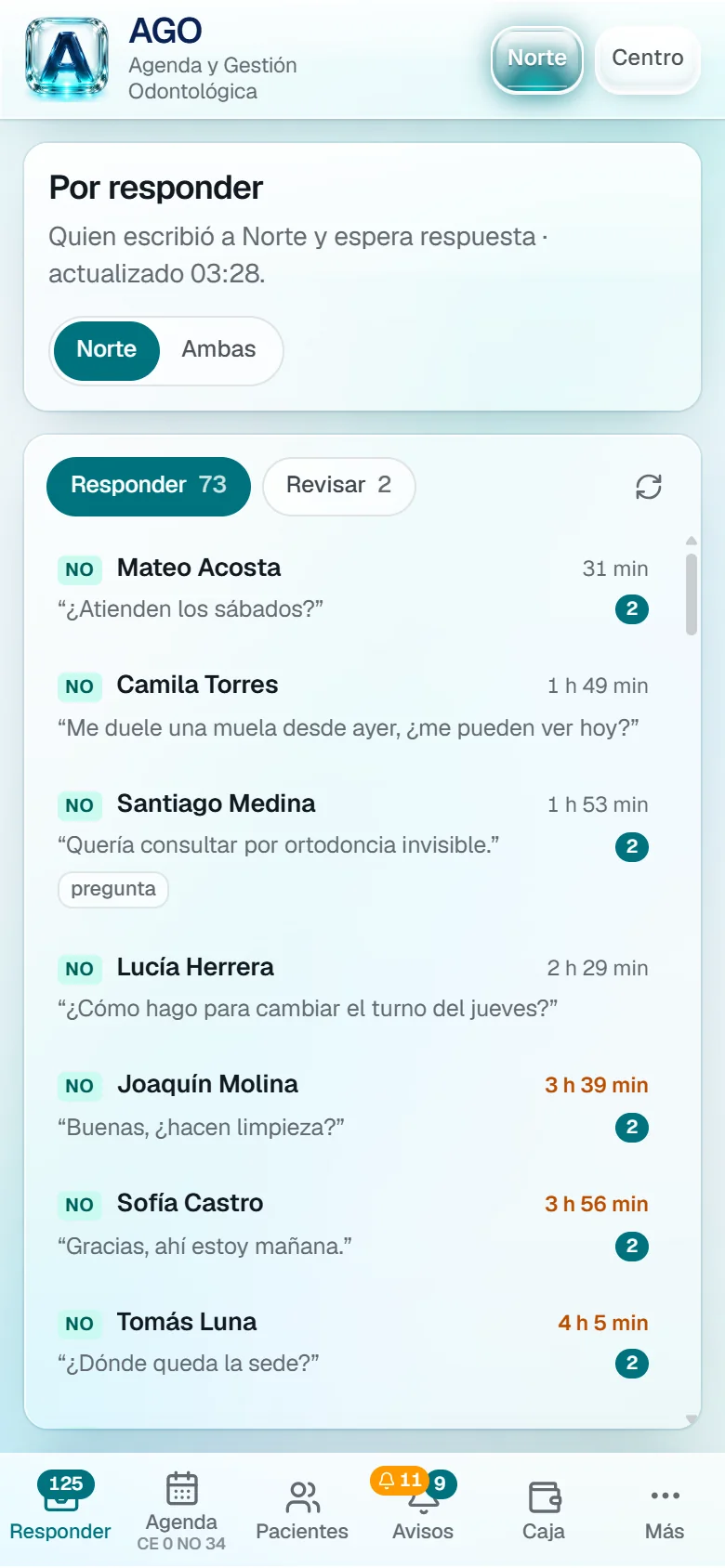 AGO en el celular: la bandeja Por responder con los pacientes que escribieron por WhatsApp